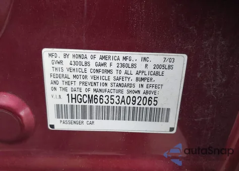 2003 Honda Accord 3.0 Lx from USA, damaged, VIN 1HGCM66353A092065